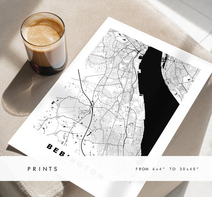 Bebington Map Print - Minimalist City Map Poster - Map Art - UK - Bebington Print - Bebington Poster - Different Colours Available