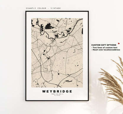 Weybridge Map Print - Minimalist City Map Poster - Map Art - UK - Weybridge Print - Weybridge, Surrey - Different Colours Available