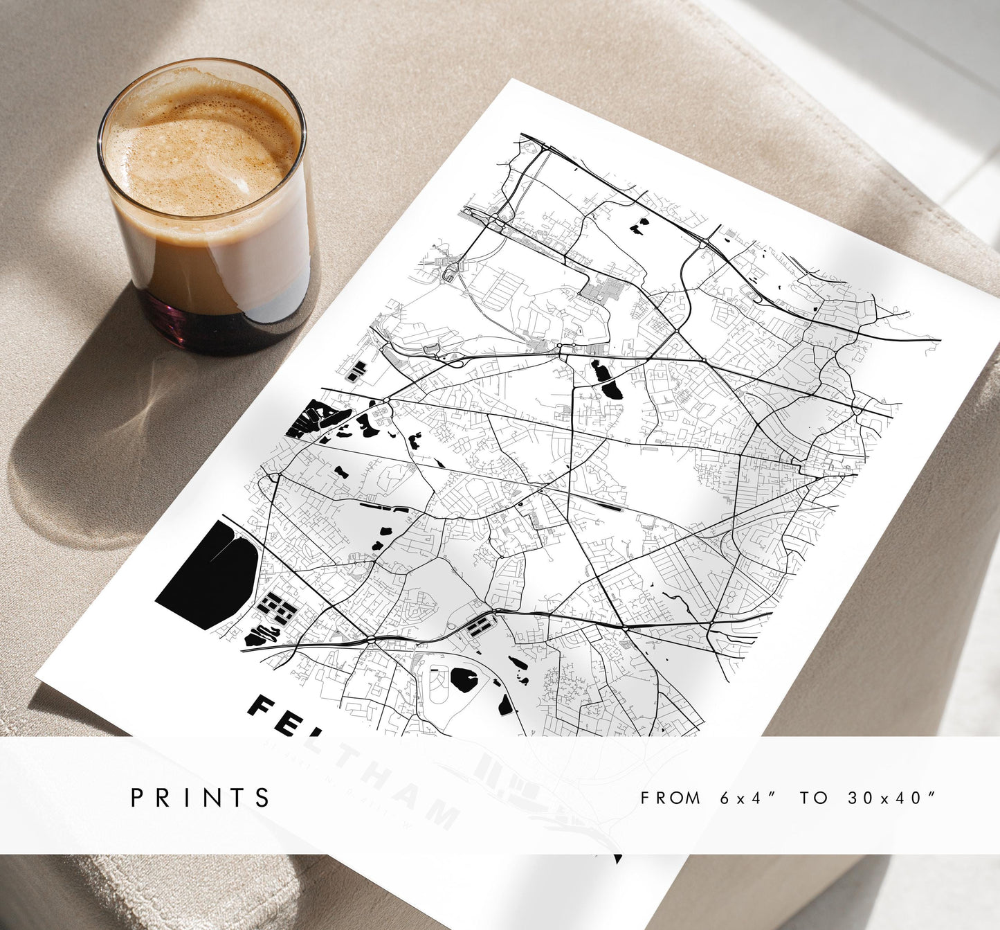 Feltham Map Print - Minimalist City Map Poster - Map Art - UK - Feltham Print - Feltham, London - Different Colours Available