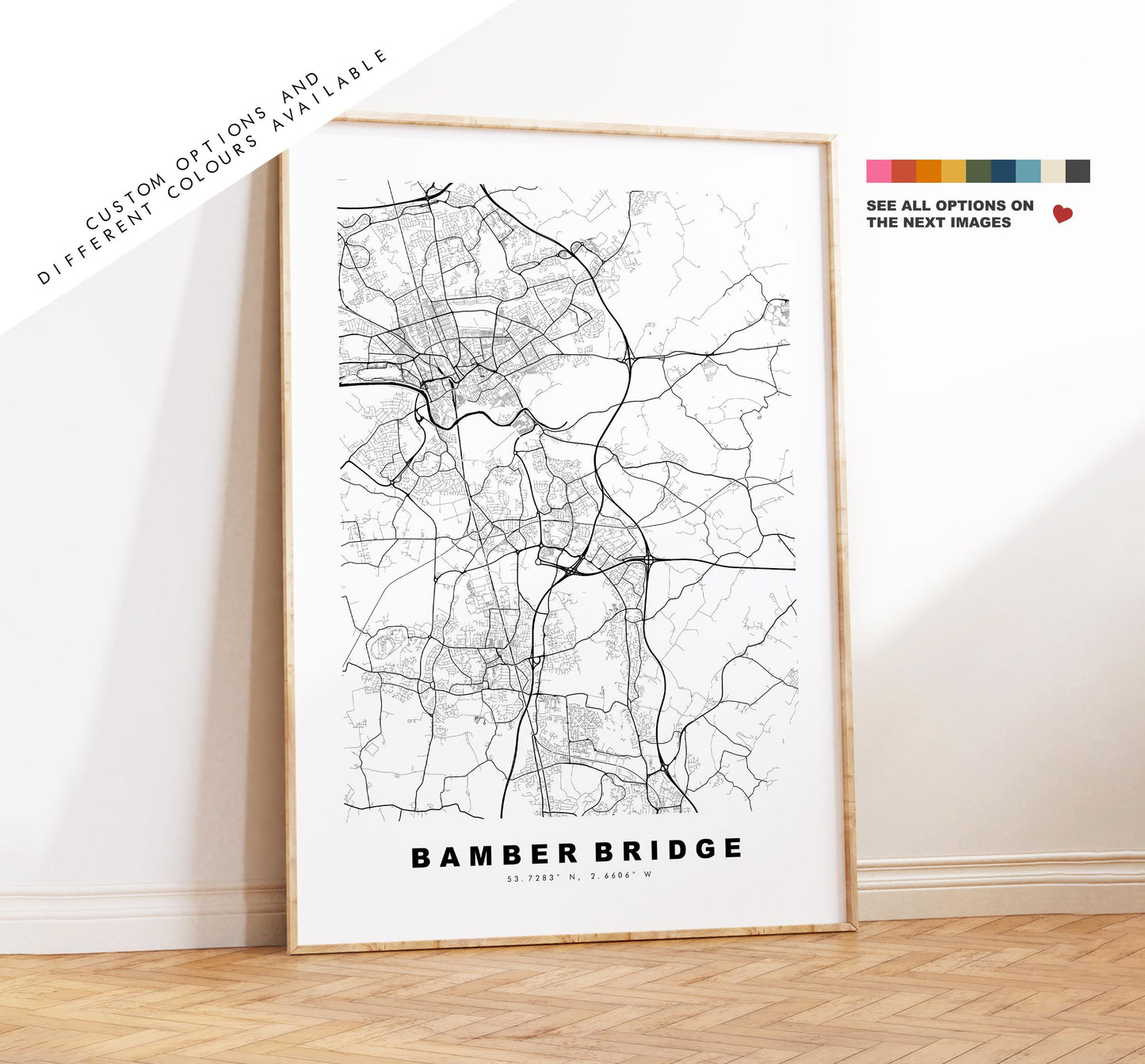 Bamber Bridge Map Print - Minimalist City Map Poster - Map Art - UK - Bamber Bridge Print - Lancashire - Different Colours Available