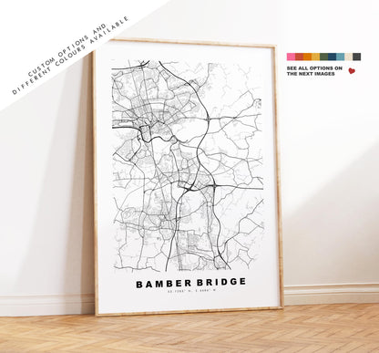 Bamber Bridge Map Print - Minimalist City Map Poster - Map Art - UK - Bamber Bridge Print - Lancashire - Different Colours Available