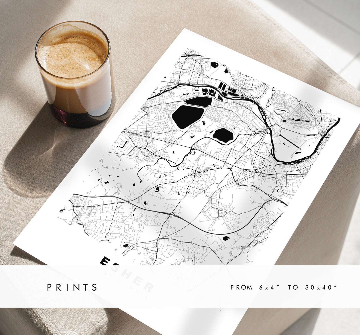 Esher Map Print - Minimalist City Map Poster - Map Art - UK - Esher Print - Esher Poster - Different Colours Available