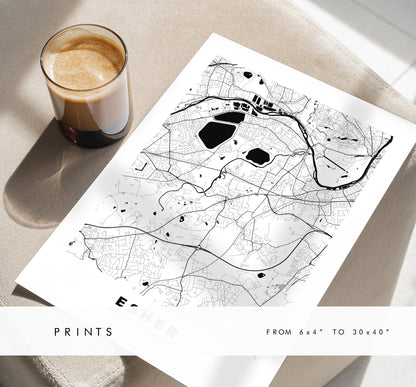 Esher Map Print - Minimalist City Map Poster - Map Art - UK - Esher Print - Esher Poster - Different Colours Available