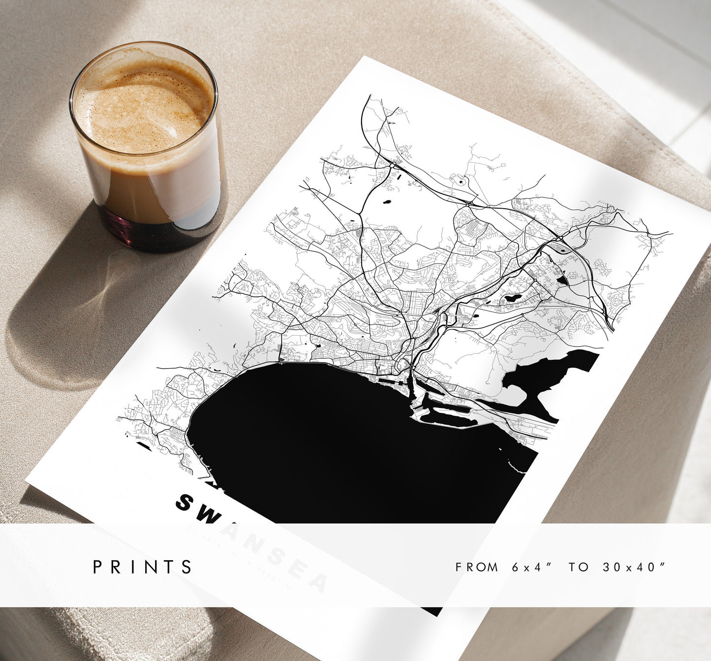 Swansea Map Print - Minimalist City Map Poster - Map Art - Wales - UK - Swansea Print - Swansea Poster - Different Colours Available