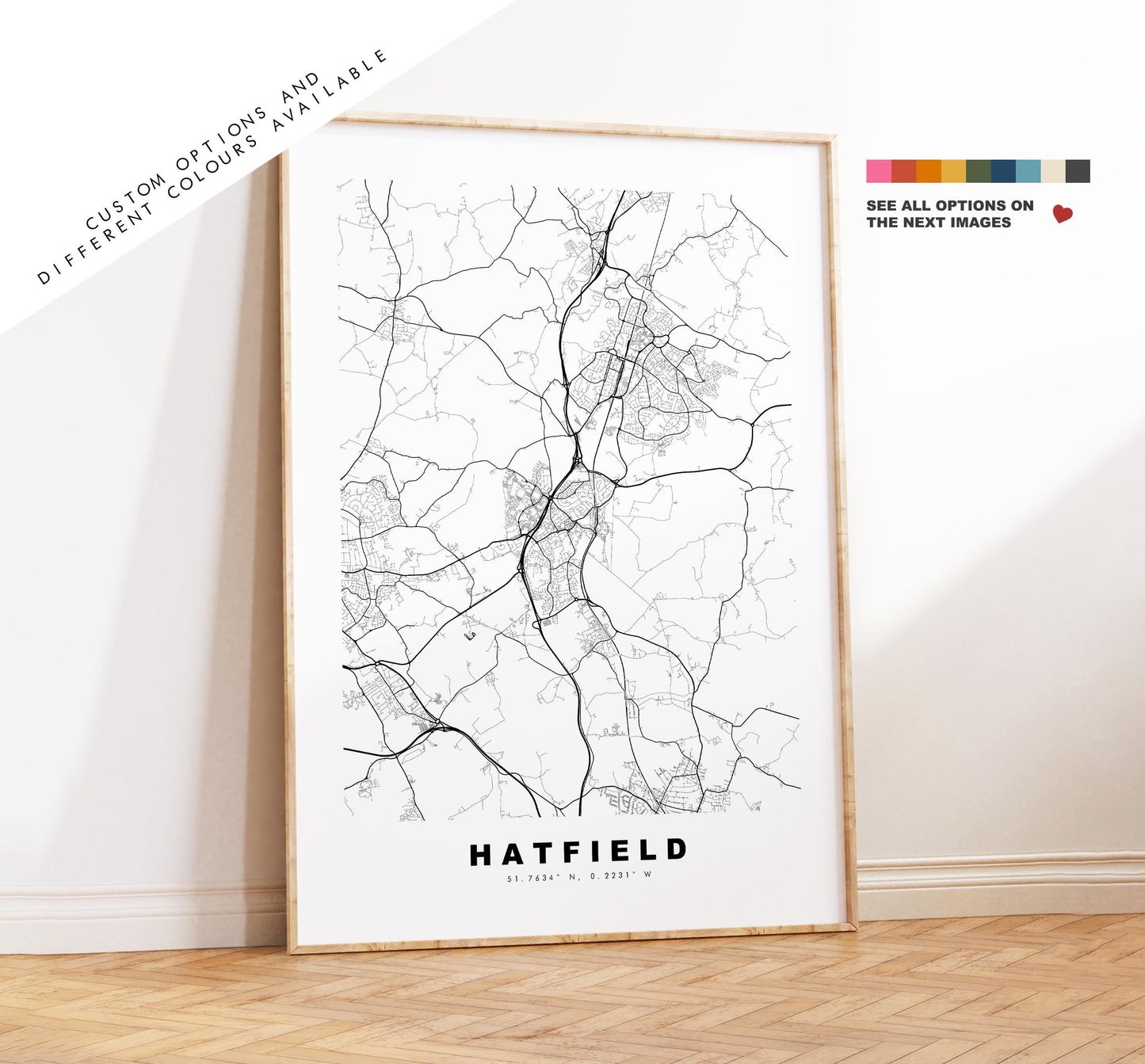 Hatfield Map Print - Minimalist City Map Poster - Map Art - UK - Hatfield Print - Hatfield, Hertfordshire - Different Colours Available