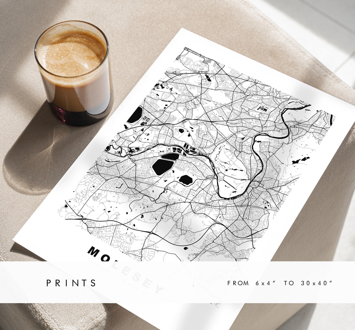 Molesey Map Print - Minimalist City Map Poster - Map Art - UK - Molesey Print - Molesey, Surrey - Different Colours Available