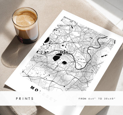 Molesey Map Print - Minimalist City Map Poster - Map Art - UK - Molesey Print - Molesey, Surrey - Different Colours Available