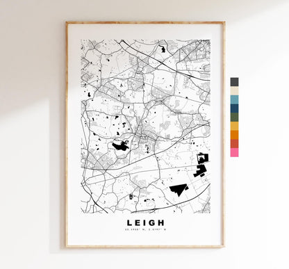 Leigh Map Print - Minimalist City Map Poster - Map Art - UK - Leigh Print - Leigh, Manchester - Different Colours Available