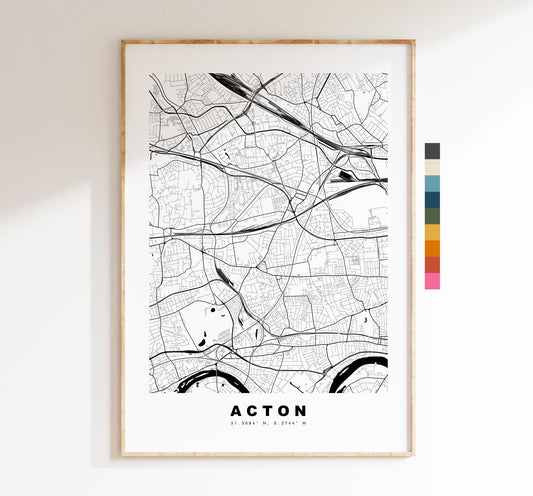 Acton Map Print - Minimalist City Map Poster - Map Art - UK - Acton Print - Acton, London Poster - Different Colours Available