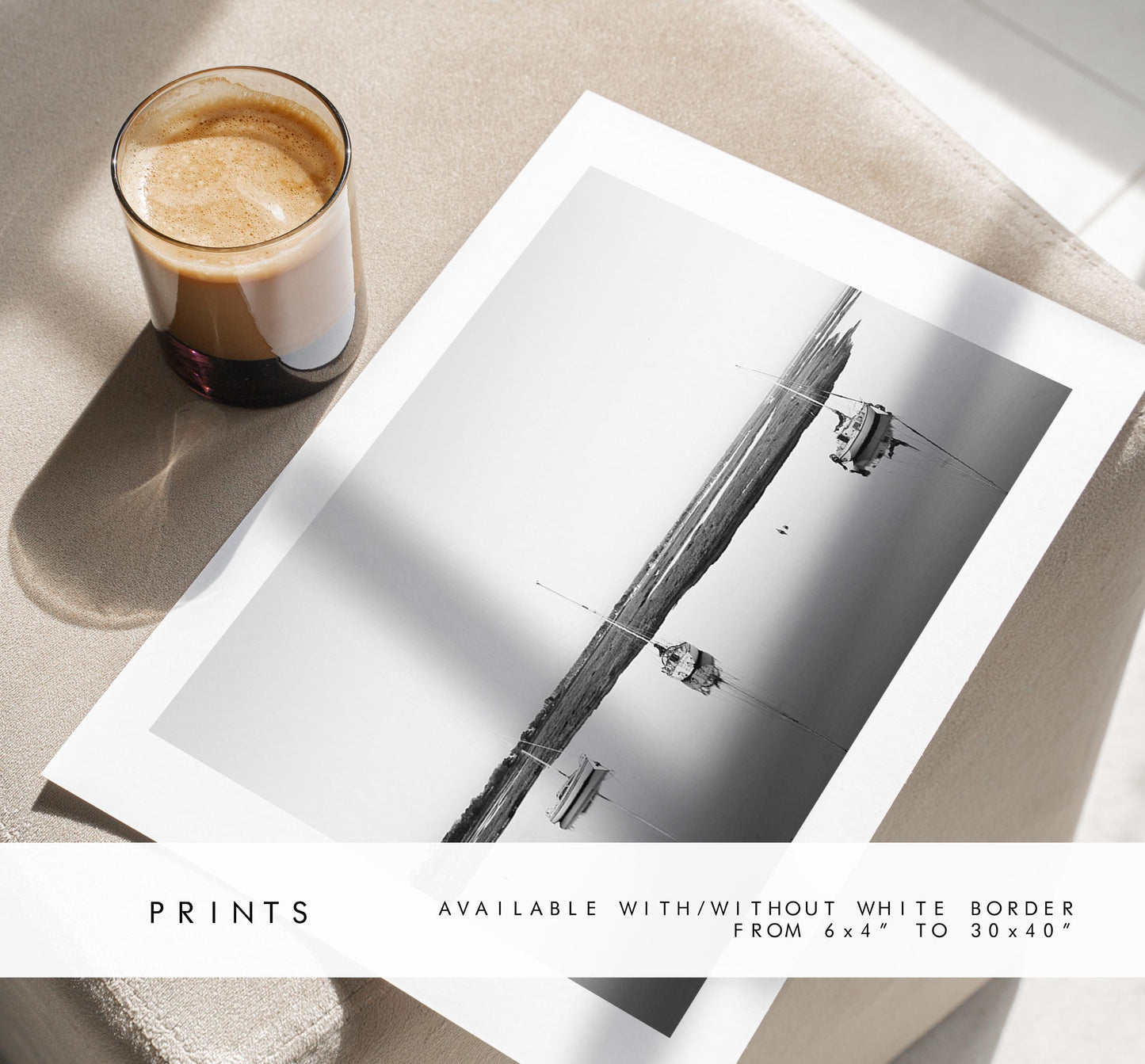 Boat Reflections Black and White Photography Print - Hampshire Photography Prints - Wall Art -  Frame and Canvas Options - Landscape  - UK