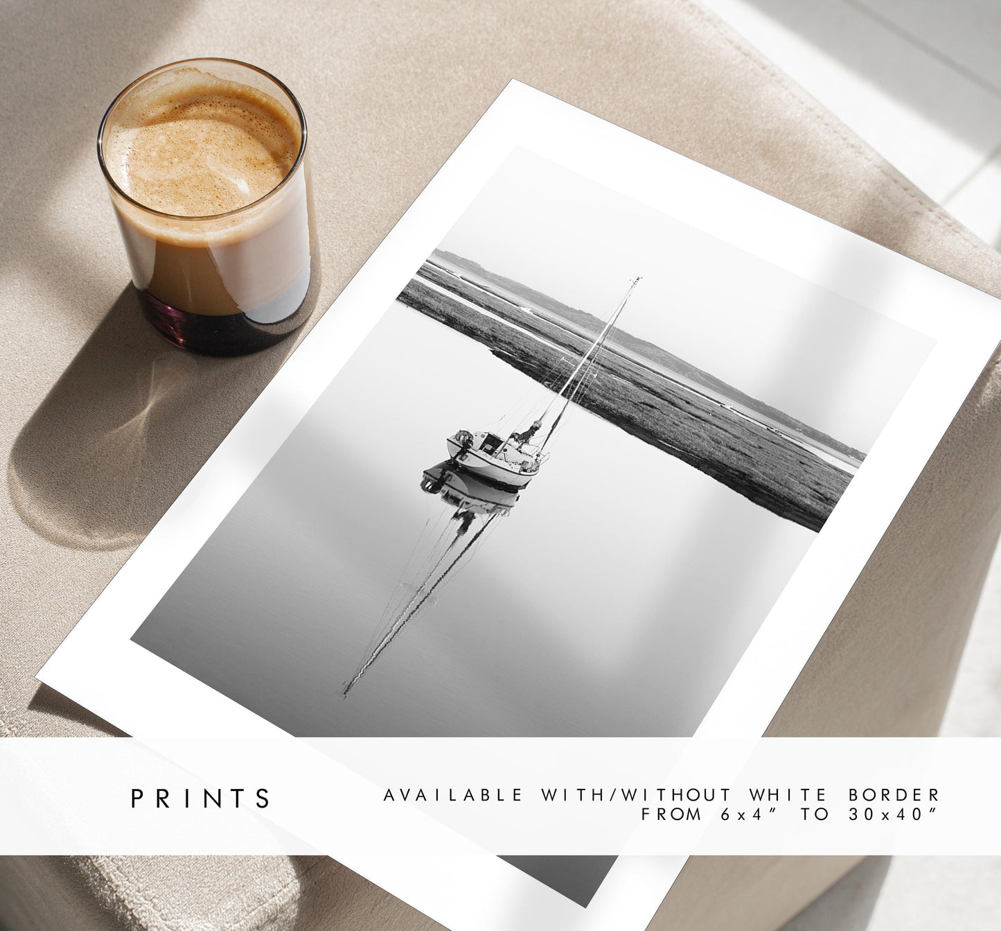 Sailboat Print - Keyhaven Photography Print - Hampshire Photography Prints -  Frame and Canvas Options - Portrait  - UK - Black and White