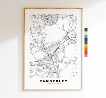Camberley Map Print - Minimalist City Map Poster - Map Art - UK - Camberley Print - Camberley, Surrey - Different Colours Available