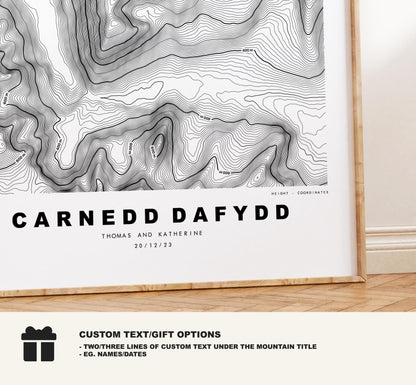 Carnedd Dafydd Print - Contour Map - Snowdonia - Wales - Topographic Map - Print - Wall Art - Carnedd Dafydd Poster - Carneddau Range