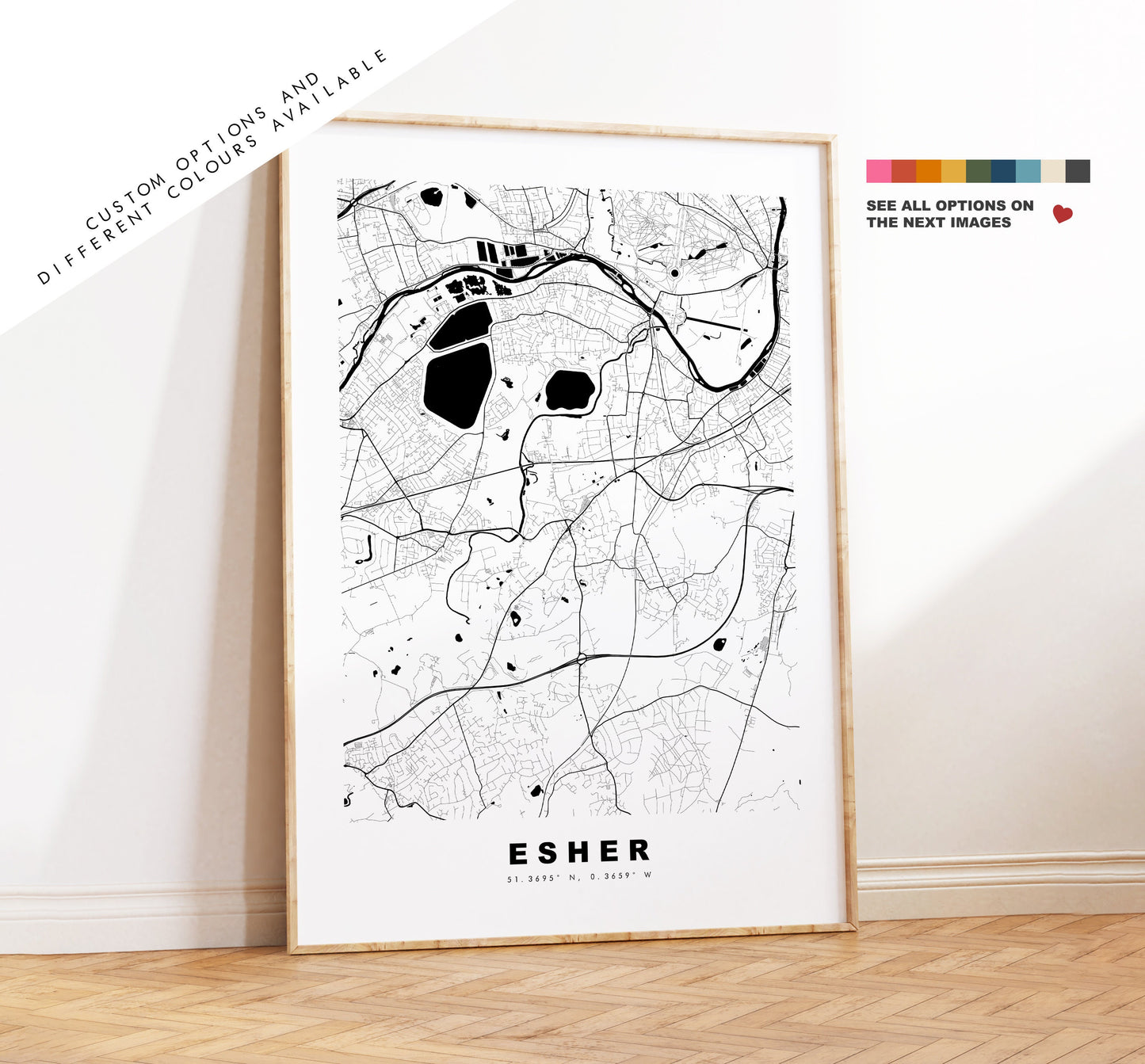 Esher Map Print - Minimalist City Map Poster - Map Art - UK - Esher Print - Esher Poster - Different Colours Available