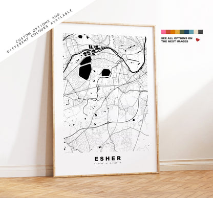 Esher Map Print - Minimalist City Map Poster - Map Art - UK - Esher Print - Esher Poster - Different Colours Available
