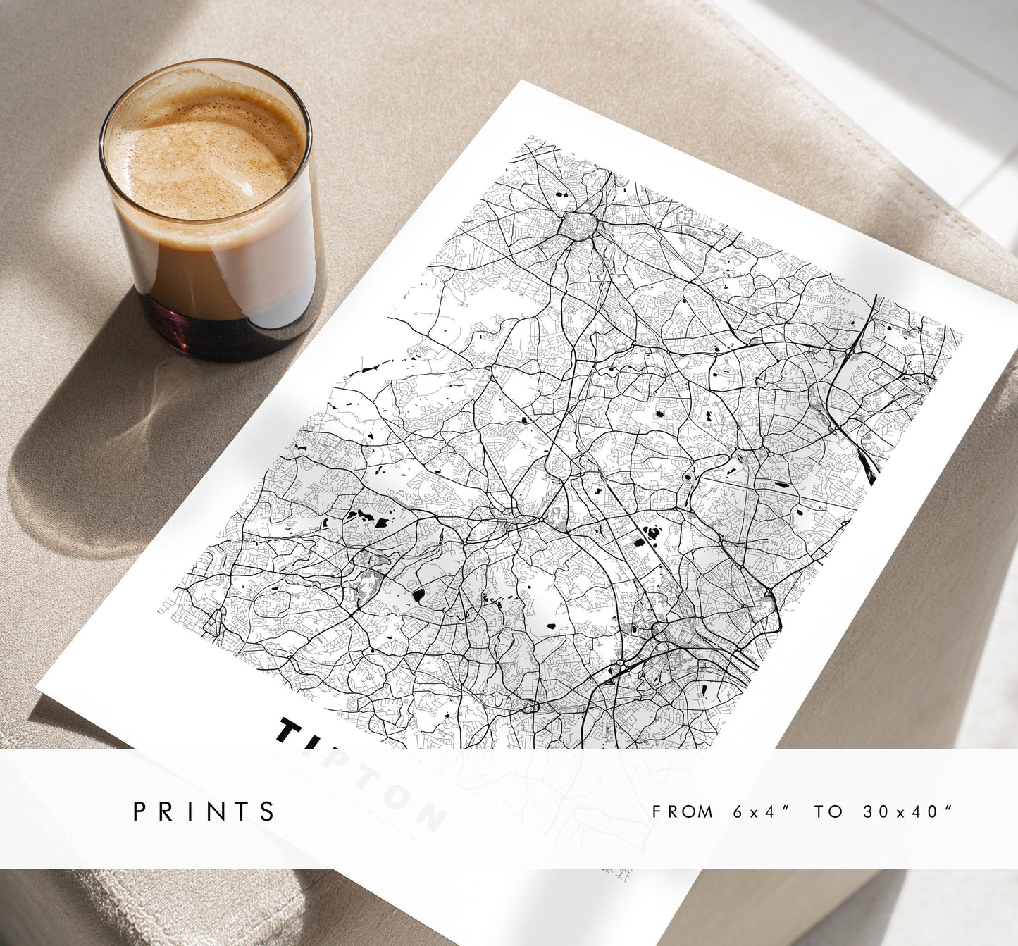 Tipton Map Print - Minimalist City Map Poster - Map Art - UK - Tipton Print - Tipton, West Midlands - Different Colours Available