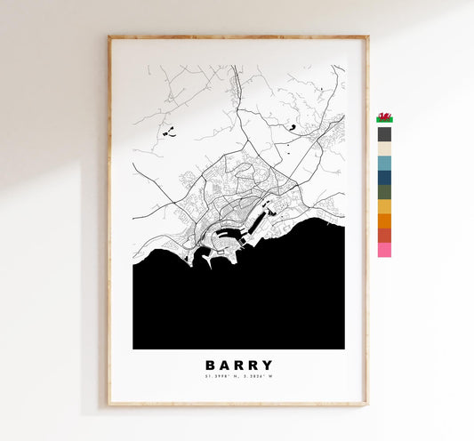 Barry Map Print - Minimalist City Map Poster - Map Art - Wales - UK - Barry Print - Barry Poster - Different Colours Available