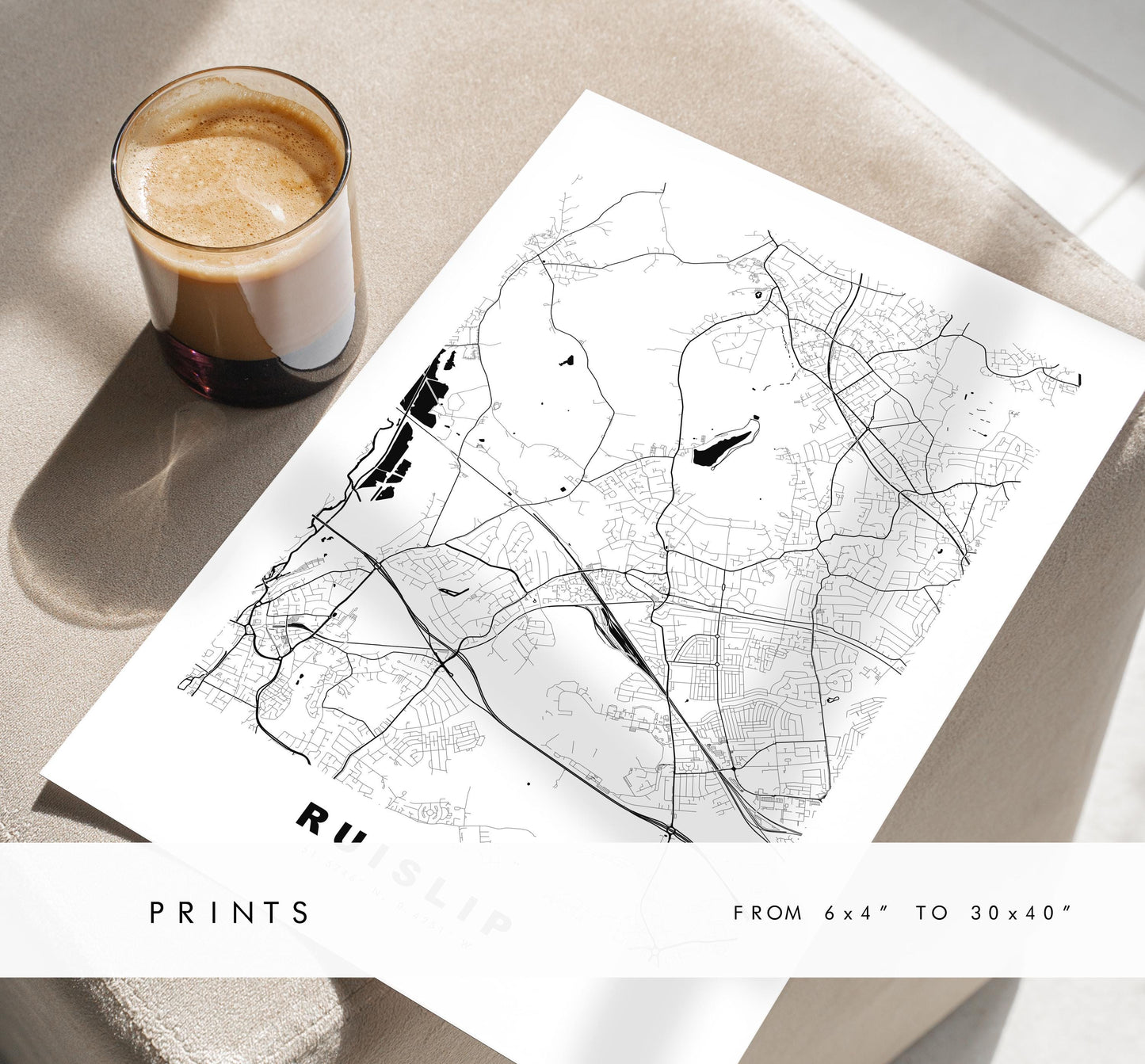 Ruislip Map Print - Minimalist City Map Poster - Map Art - UK - Ruislip Print - Ruislip, London - Different Colours Available