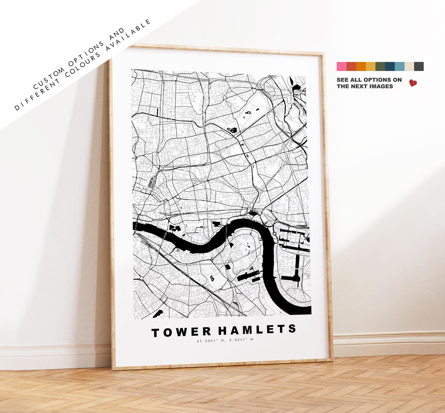 Tower Hamlets Map Print - Minimalist City Map Poster - Map Art - UK - Tower Hamlets Print - London - Different Colours Available