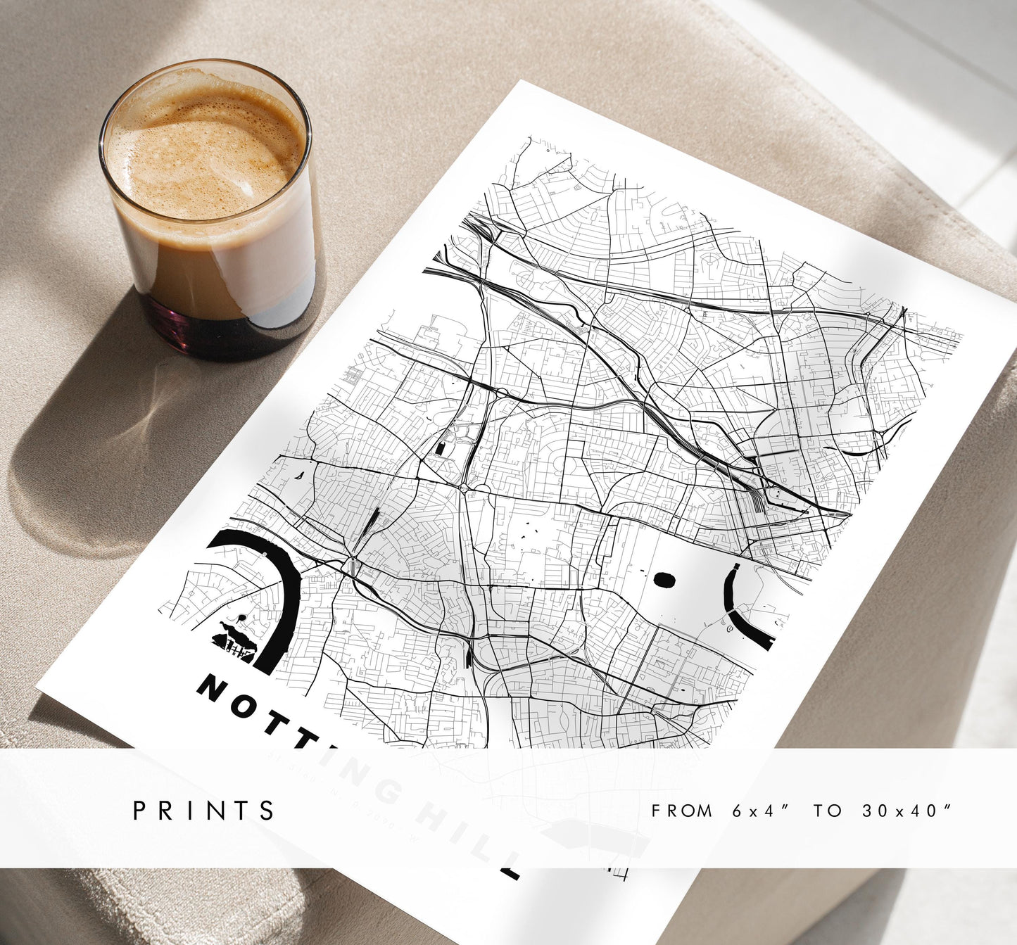 Notting Hill Map Print - Minimalist City Map Poster - Map Art - UK - Notting Hill Print - Notting Hill, London - Different Colours Available