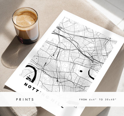 Notting Hill Map Print - Minimalist City Map Poster - Map Art - UK - Notting Hill Print - Notting Hill, London - Different Colours Available