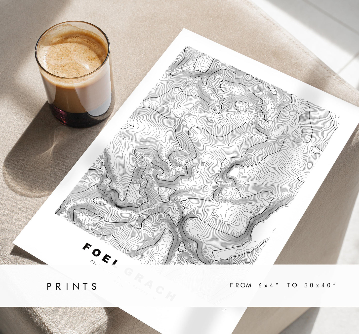 Foel Grach Print - Contour Map - Foel Grach Poster - Wales - Topographic Map - Print - Poster - Wall Art - Welsh 3000s - Carneddau Range