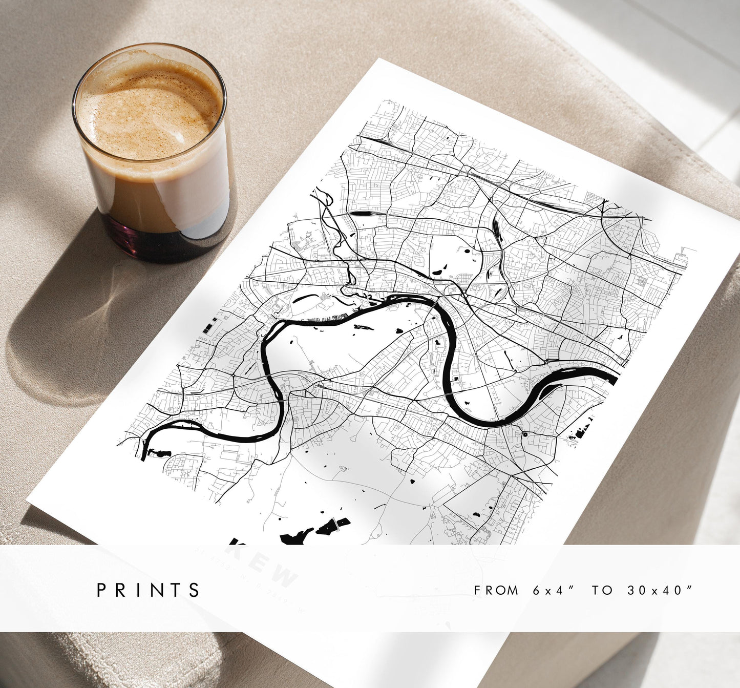 Kew Map Print - Minimalist City Map Poster - Map Art - UK - Kew Print - Kew, London - Different Colours Available