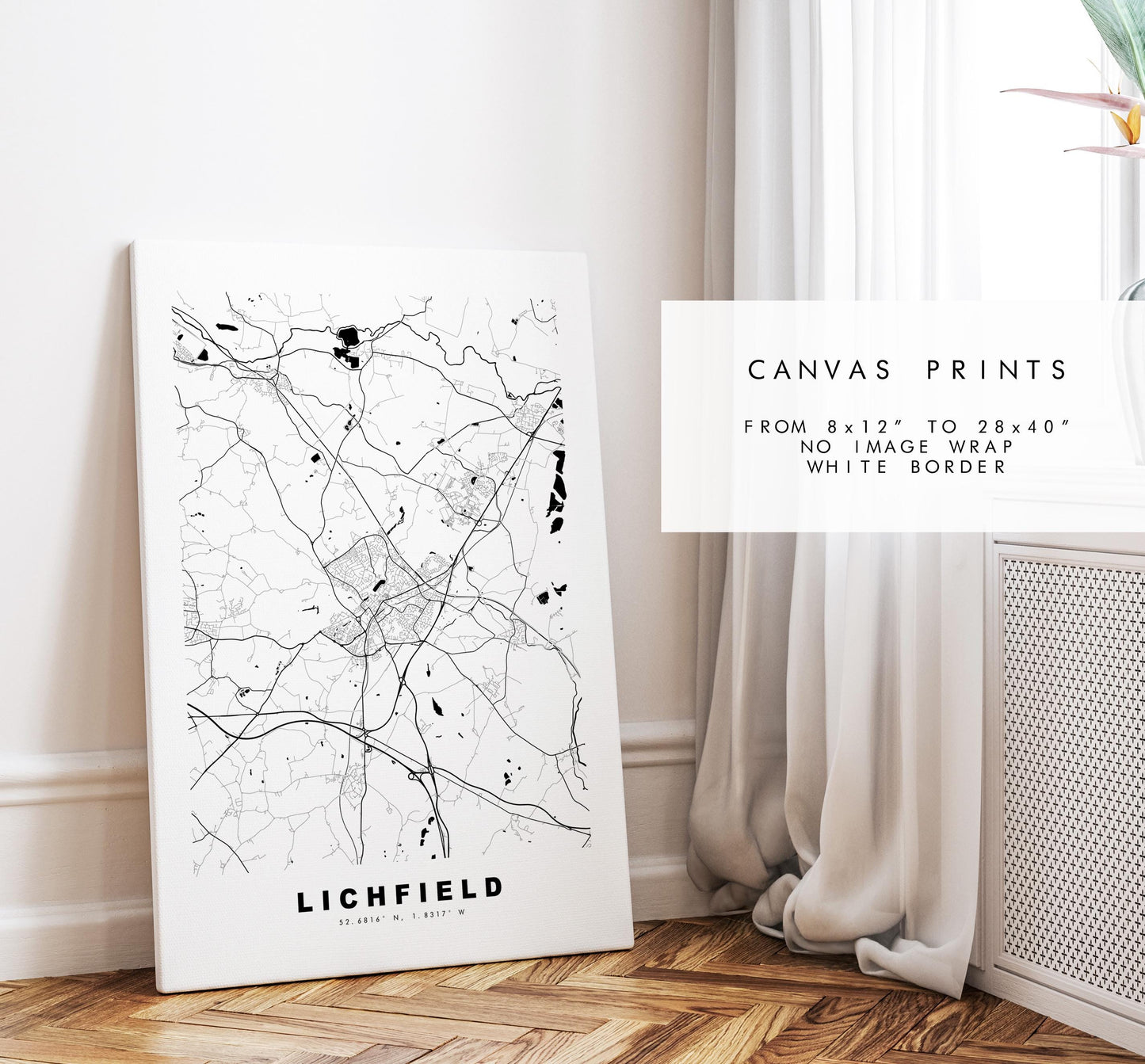 Lichfield Map Print - Minimalist City Map Poster - Map Art - UK - Lichfield Print - Lichfield, Staffordshire - Different Colours Available