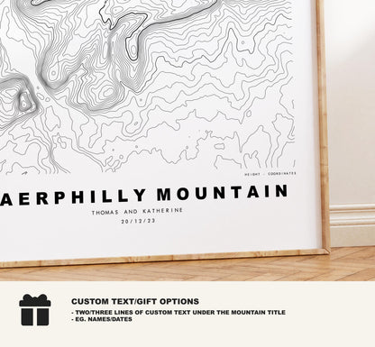Caerphilly Mountain Print - Caerphilly Mountain Contour Map - Poster - Wales - Topographic Map - Print - Wall Art - Mynydd Caerffili