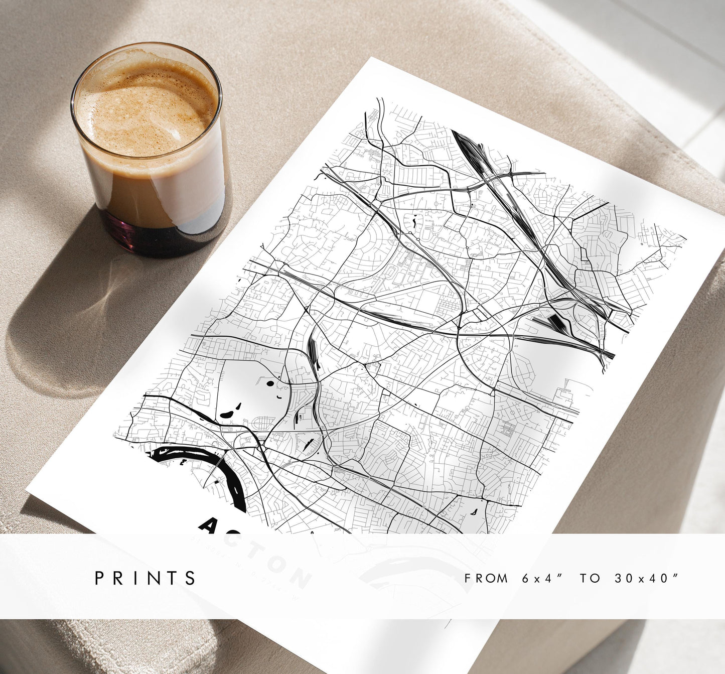 Acton Map Print - Minimalist City Map Poster - Map Art - UK - Acton Print - Acton, London Poster - Different Colours Available