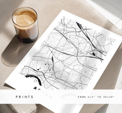 Acton Map Print - Minimalist City Map Poster - Map Art - UK - Acton Print - Acton, London Poster - Different Colours Available