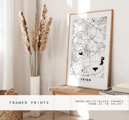Leigh Map Print - Minimalist City Map Poster - Map Art - UK - Leigh Print - Leigh, Manchester - Different Colours Available