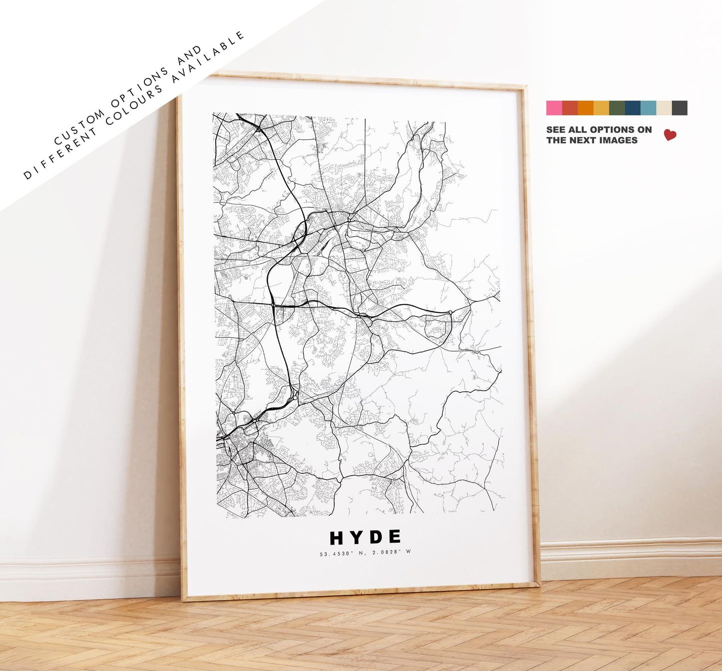 Hyde Map Print - Minimalist City Map Poster - Map Art - UK - Hyde Print - Hyde, Greater Manchester - Different Colours Available