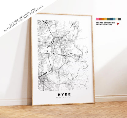 Hyde Map Print - Minimalist City Map Poster - Map Art - UK - Hyde Print - Hyde, Greater Manchester - Different Colours Available