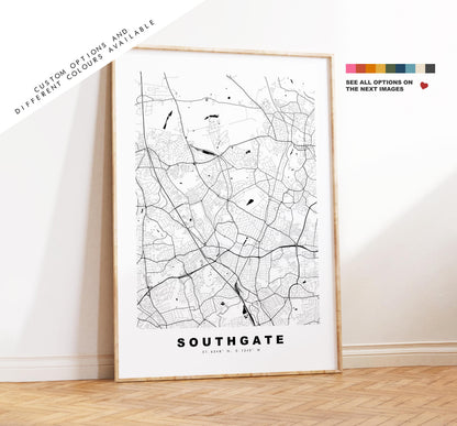 Southgate Map Print - Minimalist City Map Poster - Map Art - UK - Southgate Print - Southgate, London - Different Colours Available