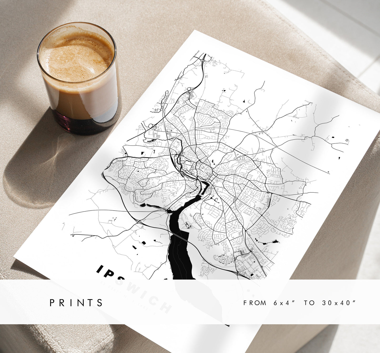 Ipswich Map Print - Minimalist City Map Poster - Map Wall Art - UK - Ipswich Print - Ipswich Poster - Different Colours Available