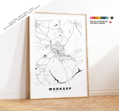 Worksop Map Print - Minimalist City Map Poster - Map Art - UK - Worksop Print - Worksop, Nottinghamshire - Different Colours Available