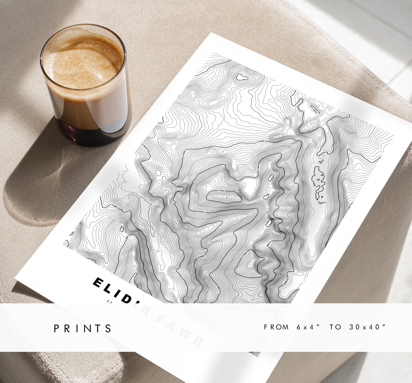 Elidir Fawr Print - Contour Map - Snowdonia - Wales - Topographic Map - Print - Poster - Wall Art - Elidir Fawr Poster - Glyderau Range