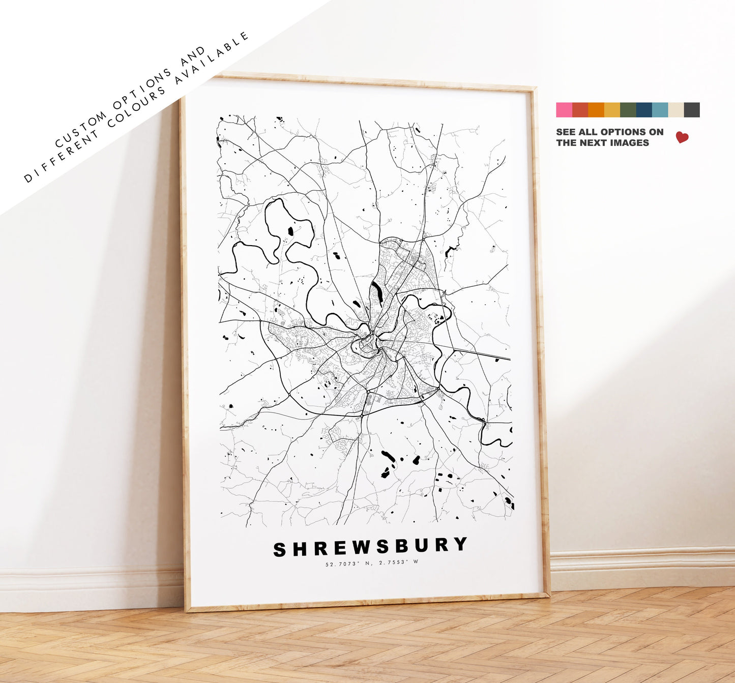 Shrewsbury Map Print - Minimalist City Map Poster - Map Art - UK - Shrewsbury Print - Shrewsbury Poster - Different Colours Available