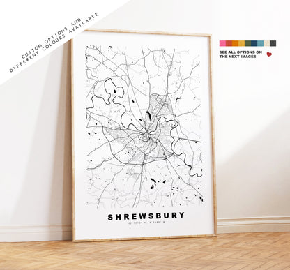 Shrewsbury Map Print - Minimalist City Map Poster - Map Art - UK - Shrewsbury Print - Shrewsbury Poster - Different Colours Available