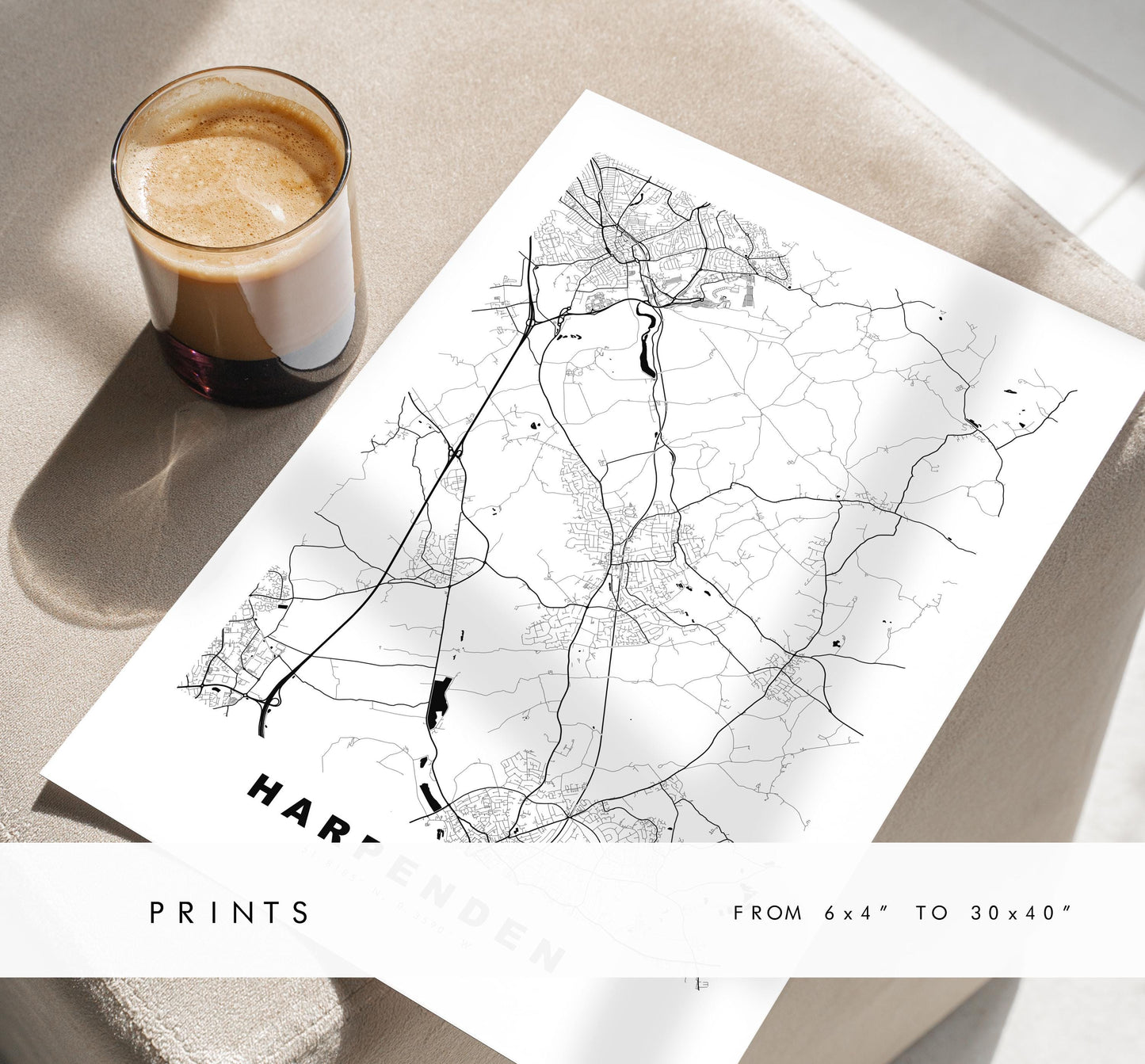 Harpenden Map Print - Minimalist City Map Poster - Map Art - UK - Harpenden Print - Harpenden, Hertfordshire - Different Colours Available