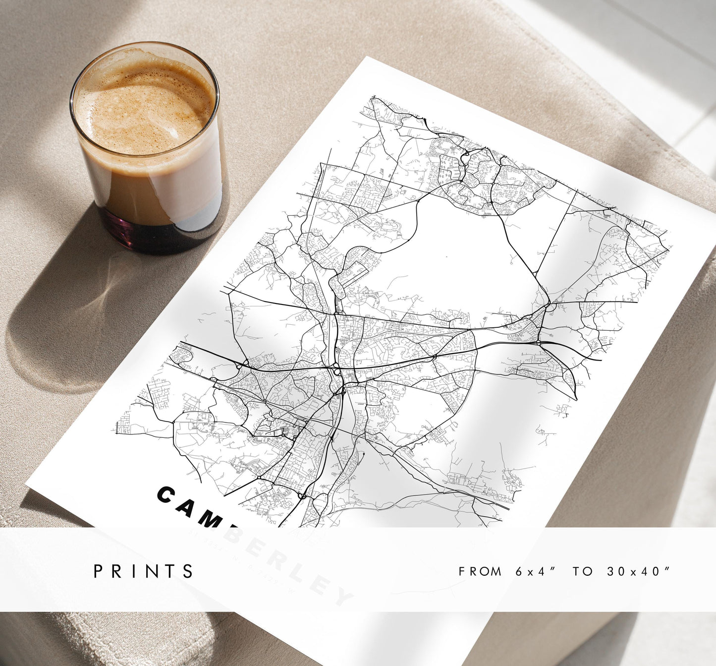 Camberley Map Print - Minimalist City Map Poster - Map Art - UK - Camberley Print - Camberley, Surrey - Different Colours Available