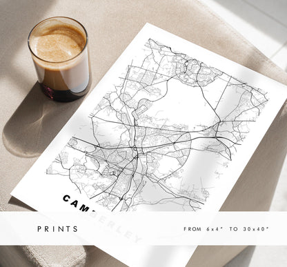 Camberley Map Print - Minimalist City Map Poster - Map Art - UK - Camberley Print - Camberley, Surrey - Different Colours Available