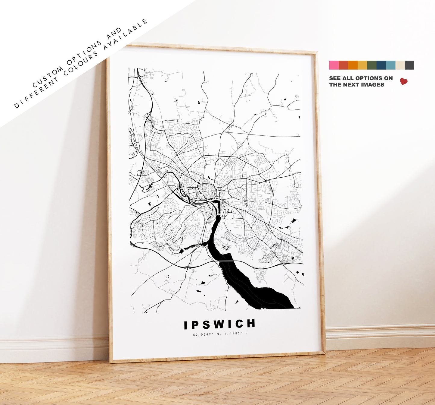 Ipswich Map Print - Minimalist City Map Poster - Map Wall Art - UK - Ipswich Print - Ipswich Poster - Different Colours Available