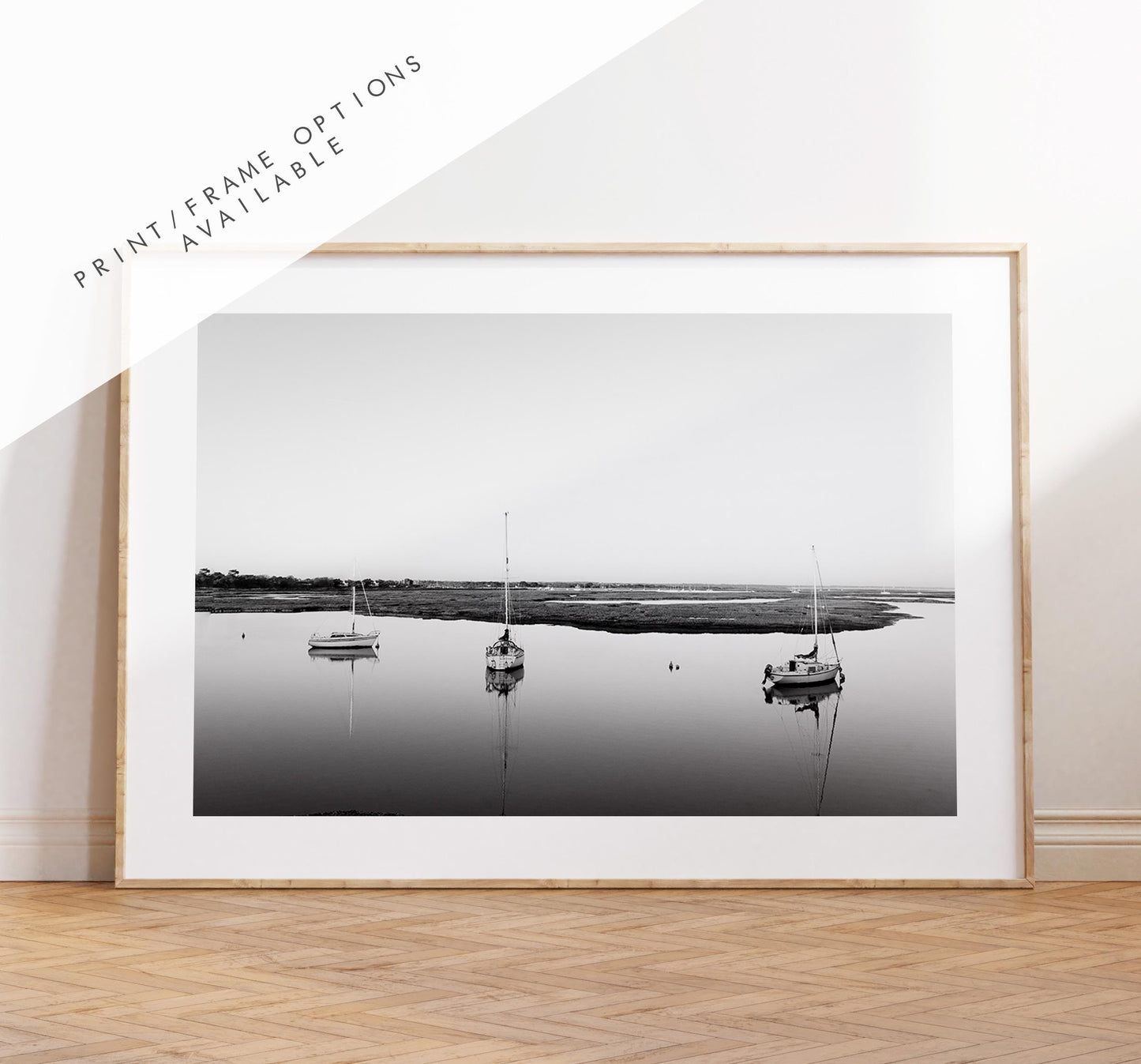 Boat Reflections Black and White Photography Print - Hampshire Photography Prints - Wall Art -  Frame and Canvas Options - Landscape  - UK