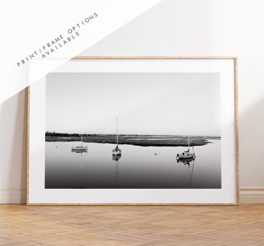 Boat Reflections Black and White Photography Print - Hampshire Photography Prints - Wall Art -  Frame and Canvas Options - Landscape  - UK