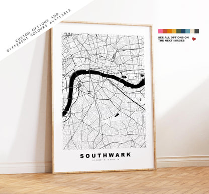 Southwark Map Print - Minimalist City Map Poster - Map Art - UK - Southwark Print - Southwark, London - Different Colours Available