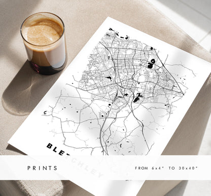 Bletchley Map Print - Minimalist City Map Poster - Map Art - UK - Bletchley Print - Bletchley, Buckinghamshire - Different Colours Available