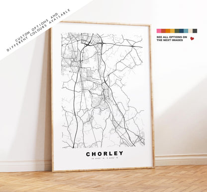 Chorley Map Print - Minimalist City Map Poster - Map Art - UK - Chorley Print - Chorley, Lancashire - Different Colours Available