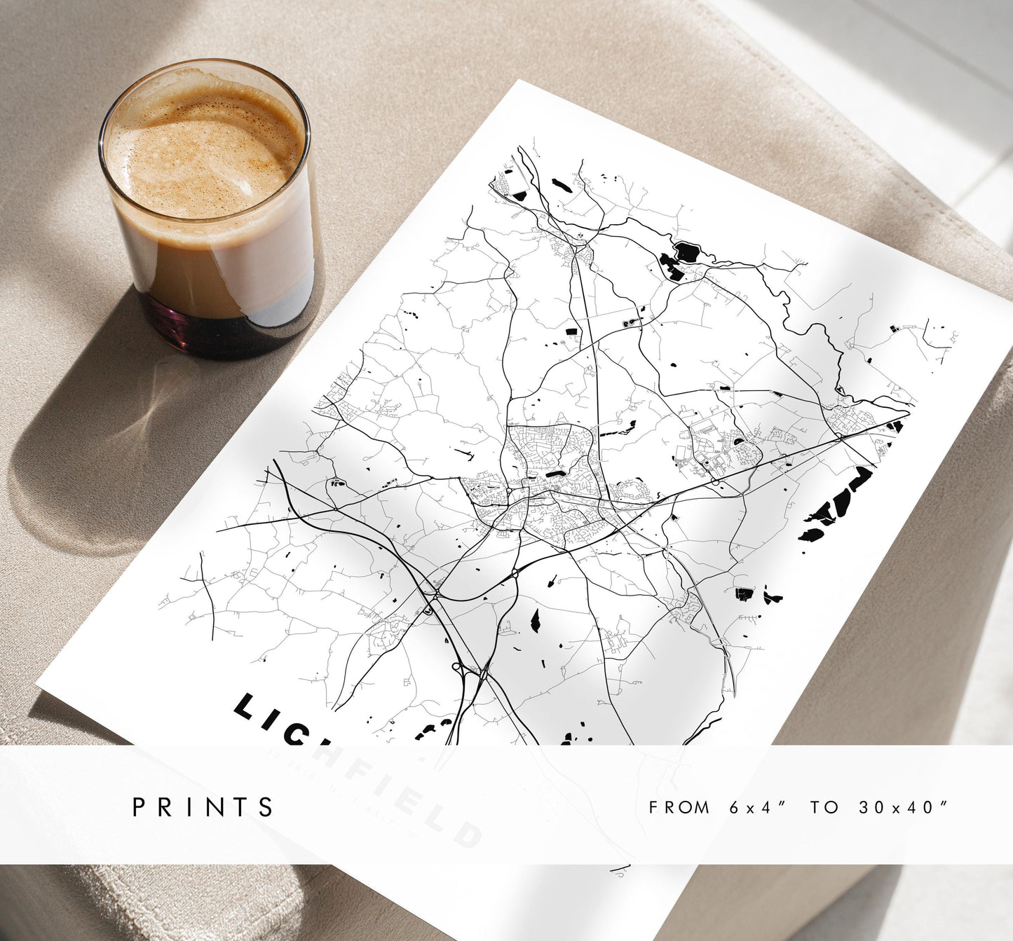 Lichfield Map Print - Minimalist City Map Poster - Map Art - UK - Lichfield Print - Lichfield, Staffordshire - Different Colours Available